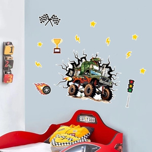Stickers muraux 3D dinosaure monster truck avec drapeau de course pour chambre d'enfant