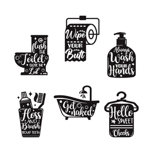 6-piece black bathroom wall decals set featuring creative silhouette icons and funny quotes