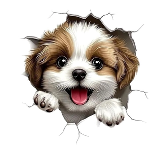 3D effect self-adhesive wall sticker featuring a cute puppy emerging from a broken wall