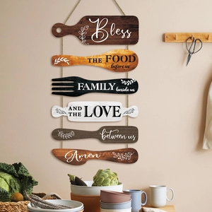 Rustic wooden kitchen wall hanging sign with utensils shapes and blessing quotes