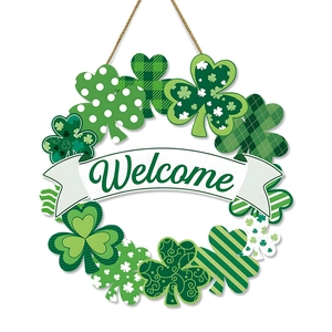 St. Patrick's Day wooden clover wreath door sign with Welcome banner and rustic rope