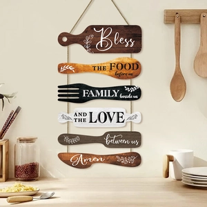 Rustic wooden kitchen wall hanging decor with utensil shapes and family blessings