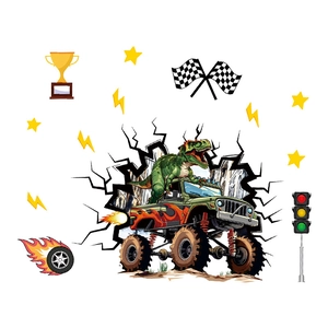 Sticker mural 3D dinosaure et monster truck avec drapeaux de course pour chambre d'enfant