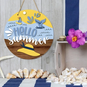 Round wooden Hello Summer welcome sign with whale tail and sailboat for coastal wall decor