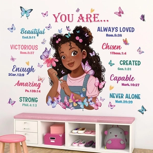 Bohemian PVC Wandtattoo Afrikanisches Mädchen Mit Schmetterlingen Motivierende Bibelverse Kinderzimmer Schlafzimmer Deko