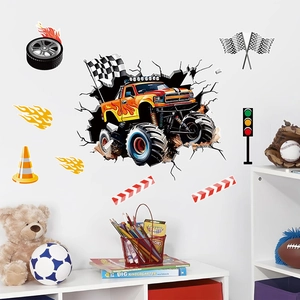 3D Effetto Muro Rotto Monster Truck Adesivi Murali Impermeabile PVC Auto da Corsa Decalcomanie da Muro per Camera Ragazzi