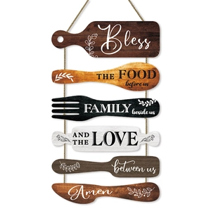 Modern minimalist wooden kitchen wall sign with rustic farmhouse utensils and family blessings