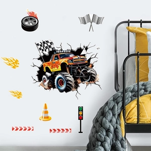 Adesivi murali monster truck con fiamme e coni per decorazione camera bambini