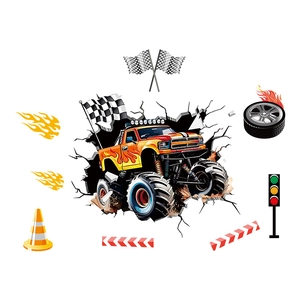 Adesivi murali 3D monster truck con bandiere da corsa e semafori per camera dei ragazzi