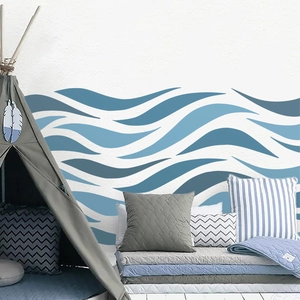 Modern blue wave PVC wall decals with geometric ocean pattern for minimalist bedroom decor
