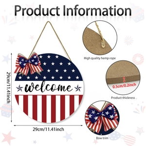 American Independence Day wooden welcome sign with patriotic stars, stripes and bow decoration