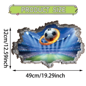Dimensioni dell'adesivo da parete calcio 3D: larghezza 49 cm e altezza 32 cm su fondo bianco