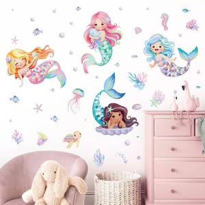 Boho mermaid wall stickers with sea turtles and coral for a girls nursery or bedroom decor