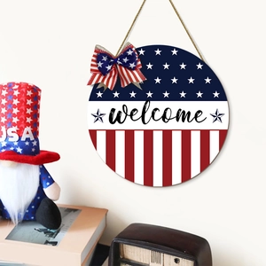 American Independence Day wooden welcome sign with US flag stars and stripes design