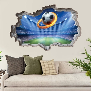 Adesivi Murali Sportivi 3D Calcio Baseball Basket Effetto Parete Rotta PVC Murale Decorativo per Soggiorno Camera Ragazzi