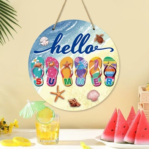 Summer Beach Welcome Door Sign Round Wooden Plaque With Flip Flops Hello Summer Pattern For Home Wall Decor Hanging Sign