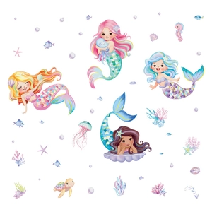 Bohemian mermaid wall stickers set with sea turtles and shells for nursery girl bedroom decor