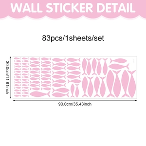 Détail de 83 autocollants muraux de poissons roses avec dimensions 90x30 cm