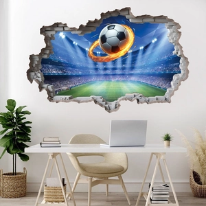 Adesivo murale 3D effetto muro rotto con stadio di calcio e pallone infuocato decoro
