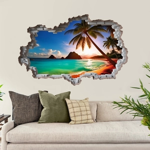 Vinilo decorativo 3D playa tropical atardecer efecto pared rota para sala de estar