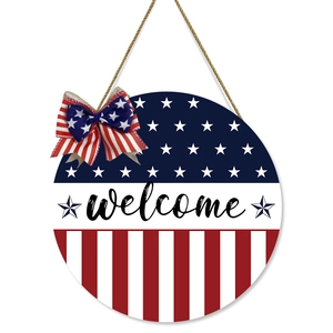 American Independence Day wooden welcome sign with red white blue stars and stripes