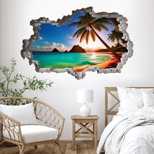 Vinilo decorativo 3D con vista de playa tropical y puesta de sol para decoración de salón