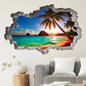 Pegatina de Pared Efecto Pared Rota 3D Atardecer Playa Tropical PVC Autoadhesivo Paisaje Mural Decoración Sala de Estar