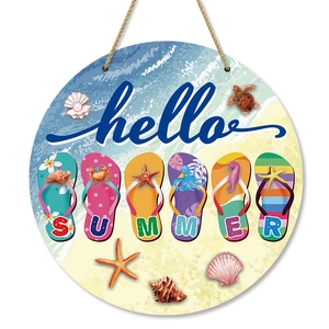 Round wooden summer welcome sign with colorful flip-flops, starfish and hello greeting