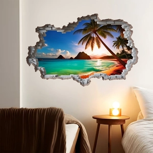 Vinilo decorativo 3D efecto ventana rota con playa tropical y palmeras para decoración hogar