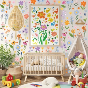 Boho daisy flower wall decals set for nursery decor with colorful wildflowers and leaves