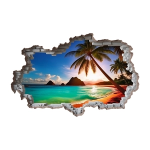 Vinilo decorativo 3D con pared rota y playa tropical al atardecer con palmeras