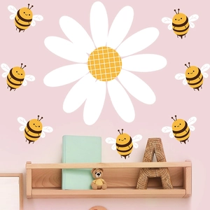 Summer daisy wall sticker with cute cartoon bees on pink background nursery decor