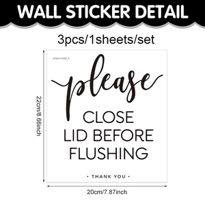 Close lid before flushing decal dimensions showing three 20x22cm stickers in one sheet
