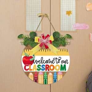 Round wooden welcome classroom sign with color pencils and red apple school door decor