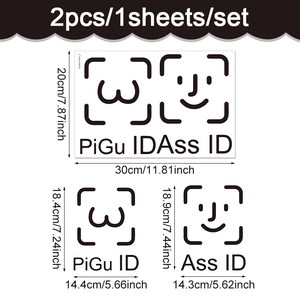 Detailed dimension guide for two PVC toilet decals with funny text and graphic icons