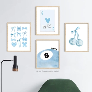 Lot de 4 impressions d'art aquarelle bleues avec motifs porte-bonheur pour décor