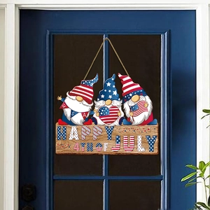 Independence Day wooden door sign with three gnomes and Happy 4th of July text