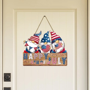 Independence Day wooden door sign with patriotic gnomes and Happy 4th of July text