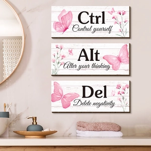 Pink butterfly wooden wall art set with Ctrl Alt Del motivational quotes for home decor