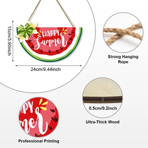Panneau mural Happy Summer en bois forme pastèque avec corde de suspension de 24x15 cm
