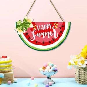 Plaque murale en bois pastèque avec texte HAPPY Summer et décoration de nœud et fleurs