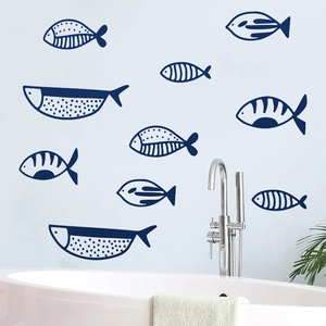 Stickers muraux poissons bleus pour salle de bain avec motifs animaux marins épurés
