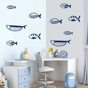 Stickers muraux poissons marins bleu et blanc pour déco chambre enfant et salle de bain