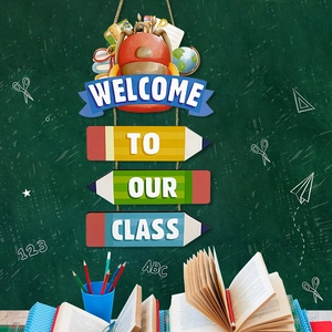 Wooden back to school wall decor with pencil shapes and Welcome to Our Class message