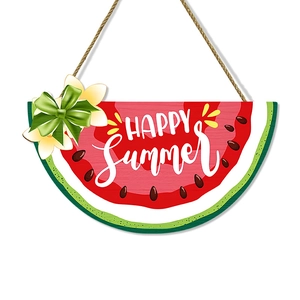 Plaque de porte en bois pastèque avec texte HAPPY Summer et fleurs jaunes déco