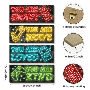 Neon style wooden game wall art set of 4 with motivational quotes and console graphics