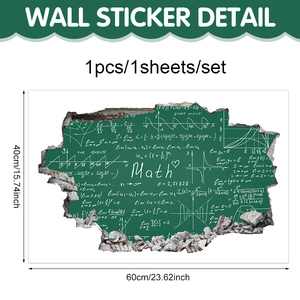 3D broken wall sticker featuring green blackboard math formulas, size 60x40cm