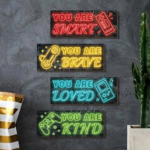 Neon Effect Wooden Gaming Wall Decor Plaques Inspirational Quotes Game Controller Wall Sign For Boys Room E-sports Decor