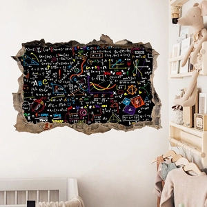 3D broken wall sticker featuring colorful math and physics formulas for classroom decor