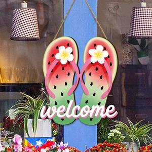Panneau de porte tong pastèque avec texte welcome et fleurs pour décoration estivale
